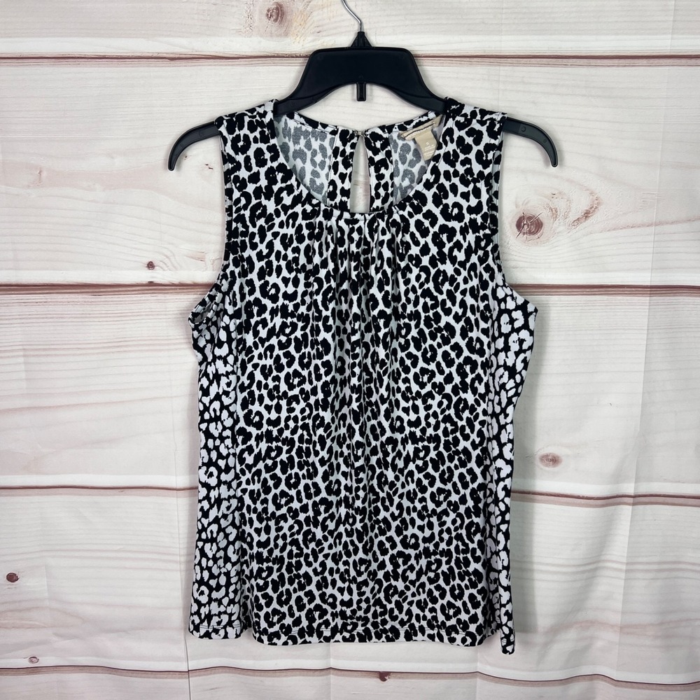 Banana Republic Leopard Blouse Womens Small Black Top Sleeveless Pleated Neck